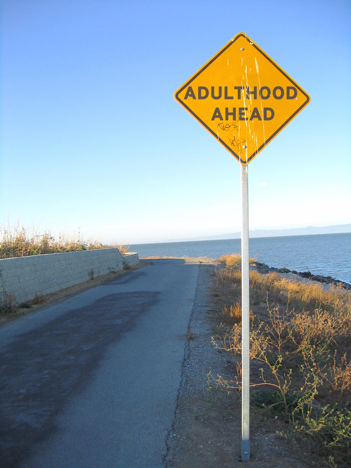 Adulthood Ahead sign on the side of a road